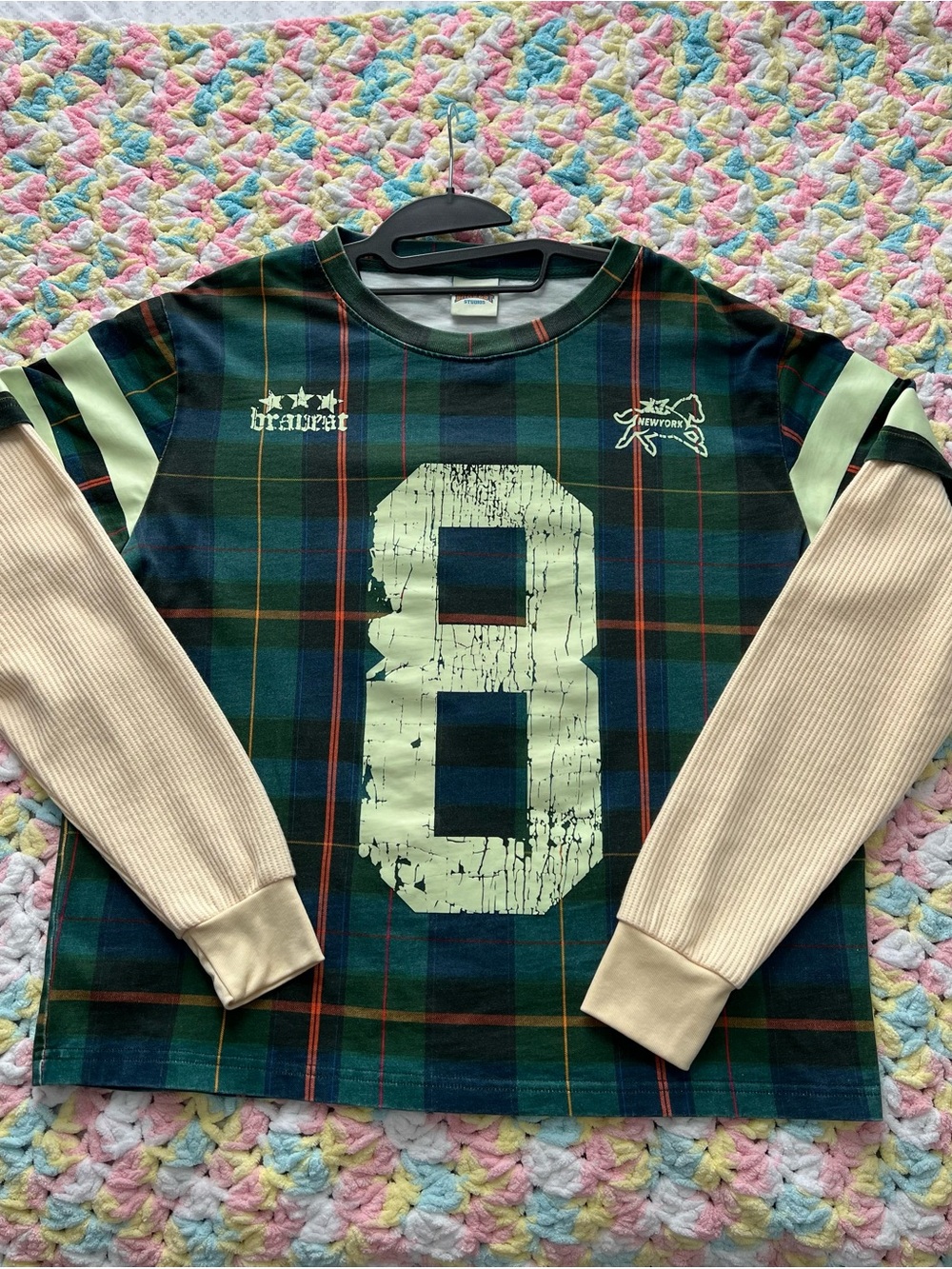Bravest Studios Green Plaid Tartan Jersey Thermal Layered Tee Boxy Fit Size M